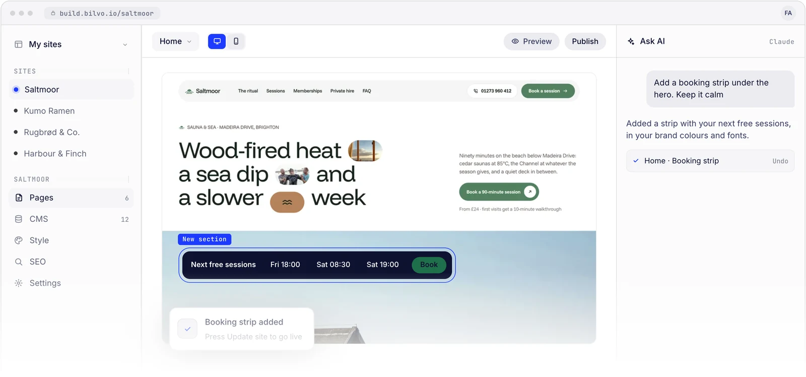 The Bilvo app: your sites on the left, the website in the middle and Ask AI on the right