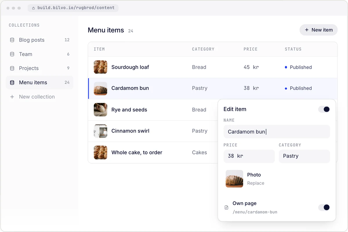 Menu items in a table, with one item open to edit its name, price and photo