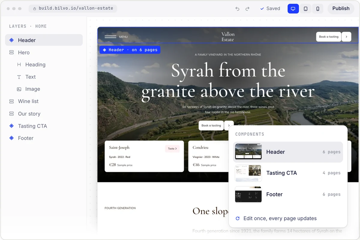 The page parts list in the Bilvo app: one header, banner and footer shared by 6 pages