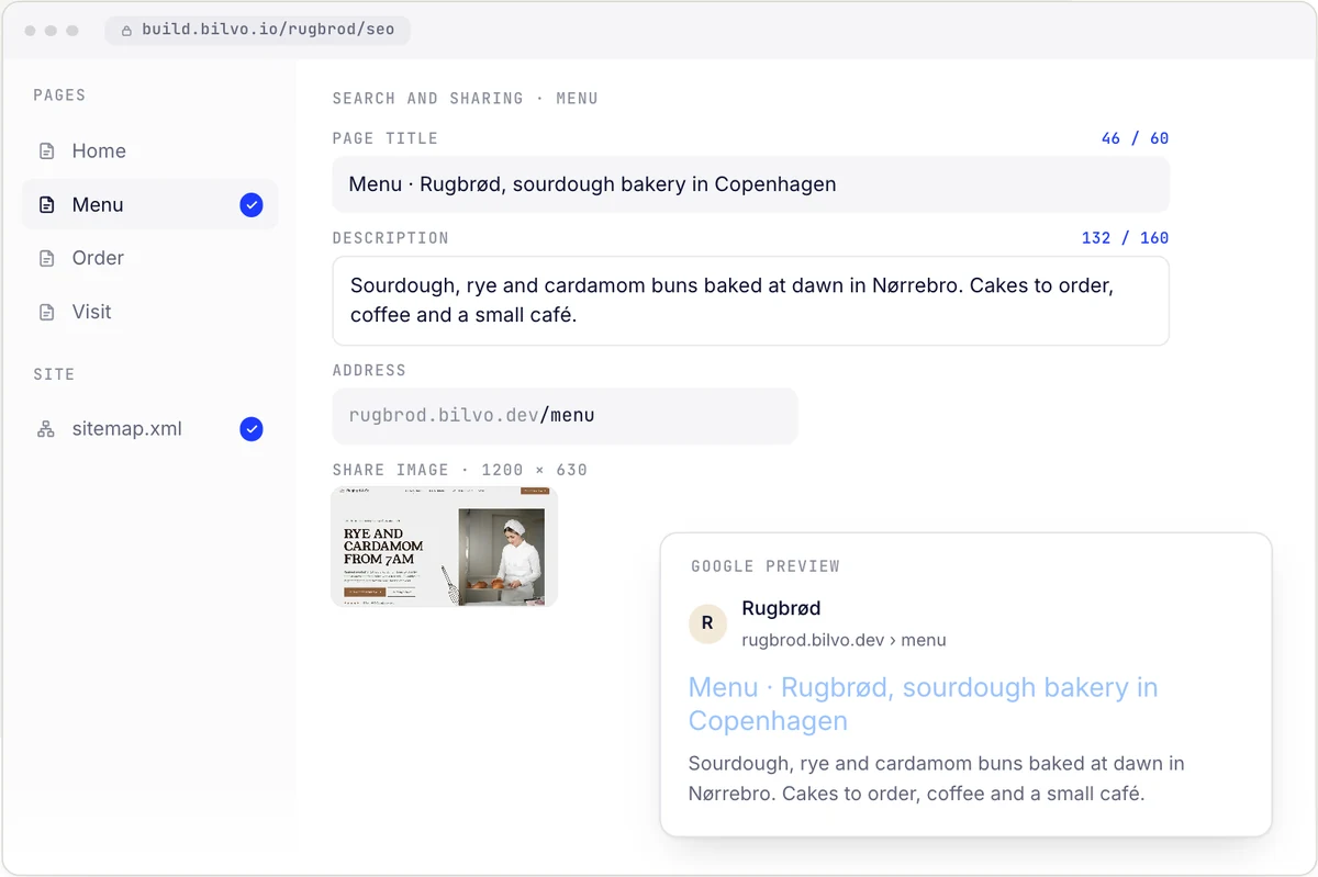 Search and sharing settings for a menu page with a Google preview