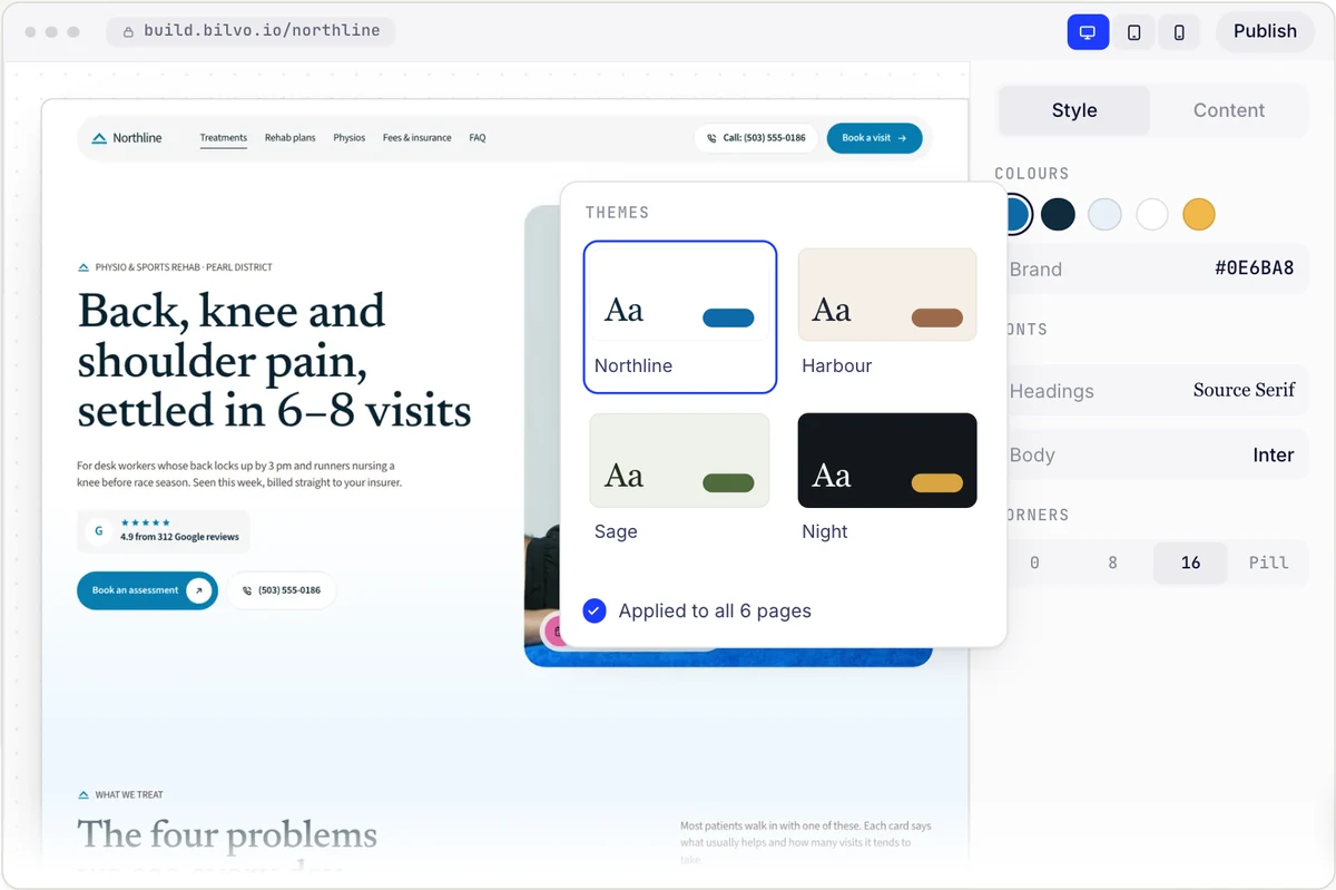 The Style panel: four themes, brand colours, heading and body fonts